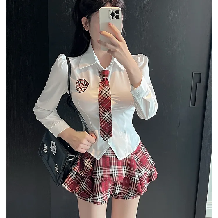 美式学院风套装jk制服衬衫工服女职场可爱甜美红格子半裙两件套秋