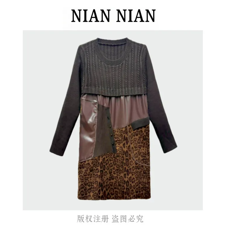 【柔情旋律】年年2025新款冬季拼接不规则洋气百搭气质长袖连衣裙