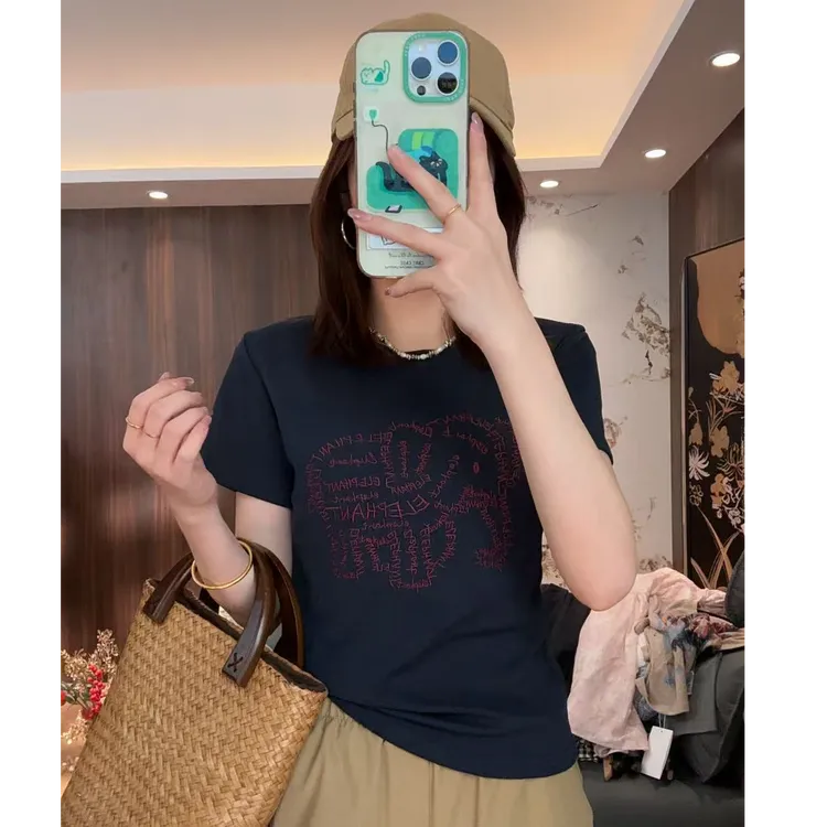 【LIbaibai】夏装2025年新款刺绣小象短袖T恤上衣BB-1748