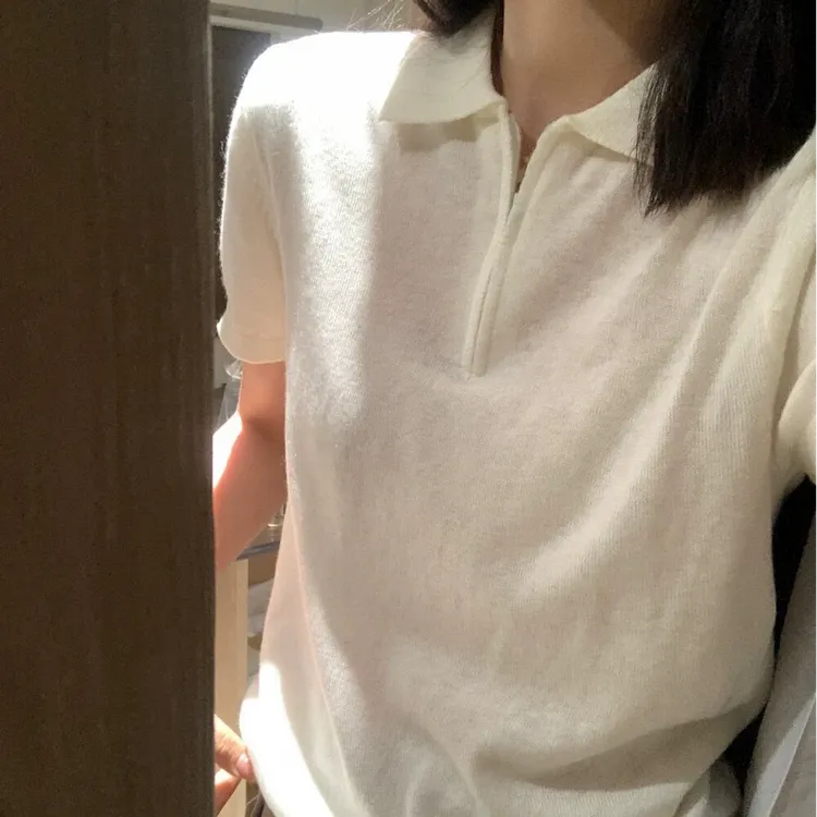 小众简约半拉链POLO领薄款羊毛短袖女宽松慵懒休闲T恤高级感上衣