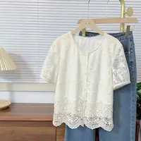 【原歌】YG夏季新款洋气时尚圆领蕾丝刺绣短袖女YG758