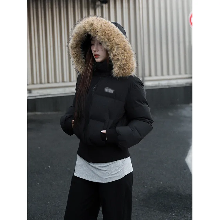 冬季2025新款黑色短款连帽棉服女收腰显瘦高级感大毛领棉衣厚外套