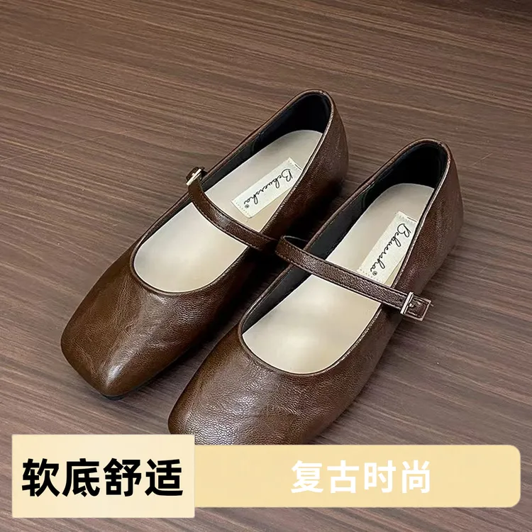 女鞋百搭软底复古时尚方头浅口法式英伦风春夏粗跟皮鞋一字玛丽珍
