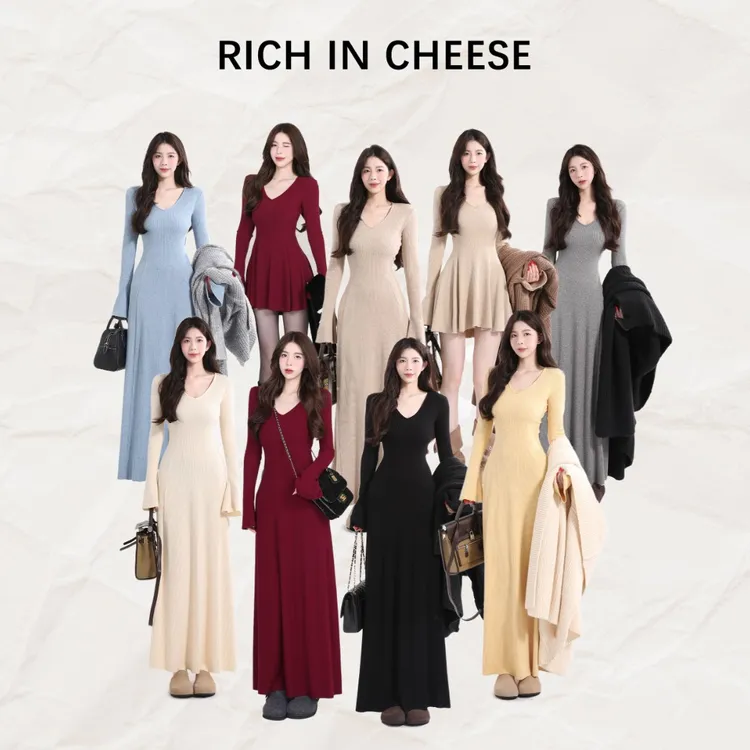 舒胡蕾 茶香可颂【系列合集】秋冬长袖高弹针织显瘦百搭收腰连衣裙