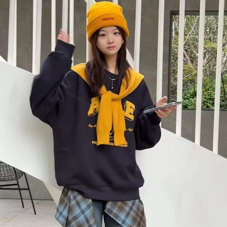 TTY （加绒）冬季2025甜酷风设计感可拆卸披肩圆领显瘦卫衣278137