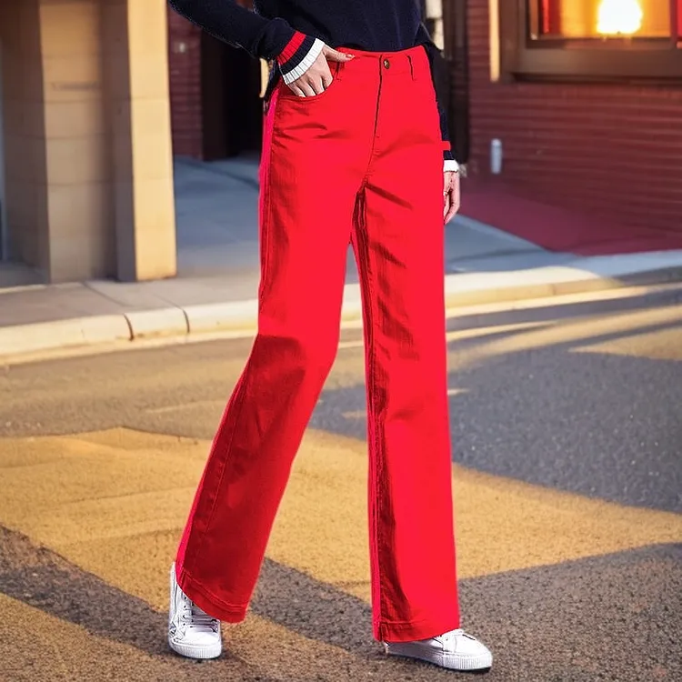 2025年秋季新款大红色高腰直筒牛仔裤女款宽松显瘦休闲拖地阔腿裤