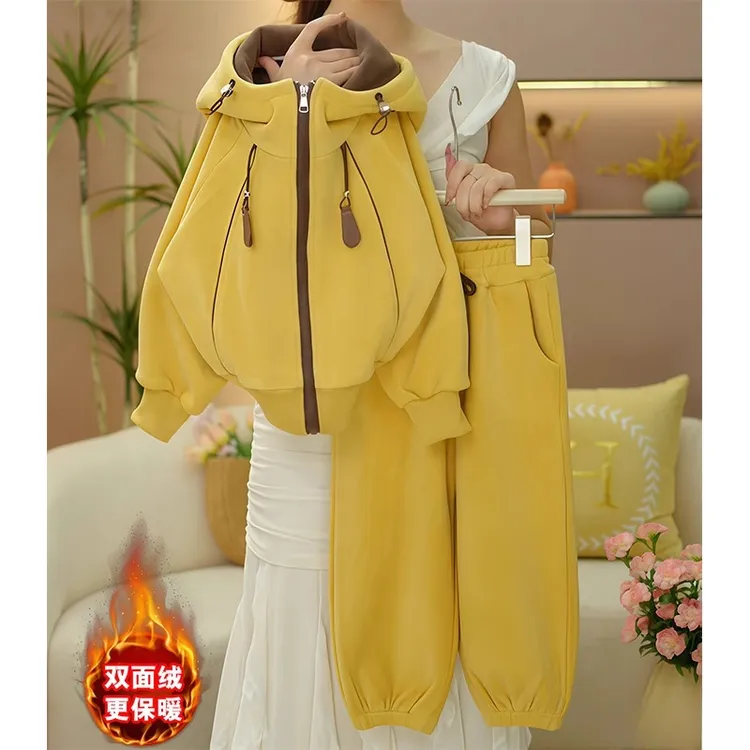 女童双面绒运动套装2025新款秋冬加厚加绒连帽外套一体绒卫衣卫裤