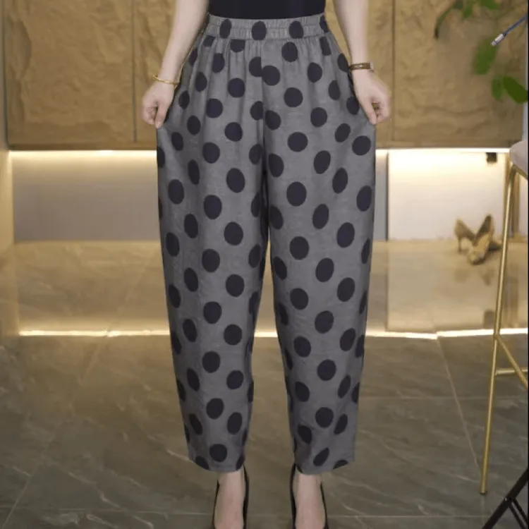 夏季新款洋气宽松百搭显瘦松紧腰九分裤波点哈伦裤