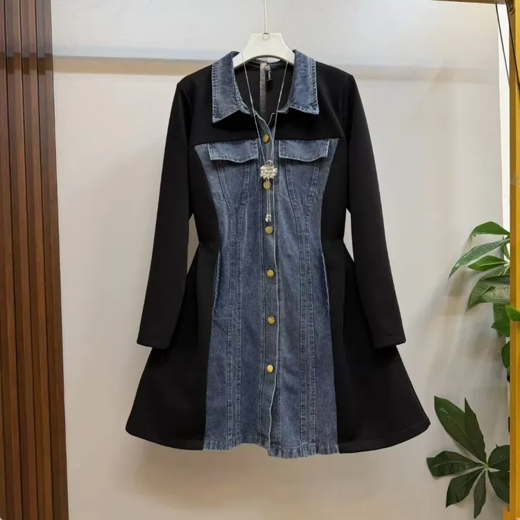 新款大码女装欧货时尚洋气牛仔拼接显瘦连衣裙