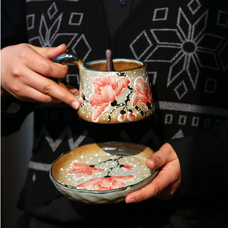 陶泥手捏手绘粉玉兰咖啡杯套装景德镇陶瓷牛奶杯茶杯水杯釉下彩杯