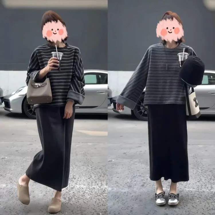 2025秋季新款休闲时尚百搭翻袖条纹卫衣女洋气减龄开叉半身裙套装