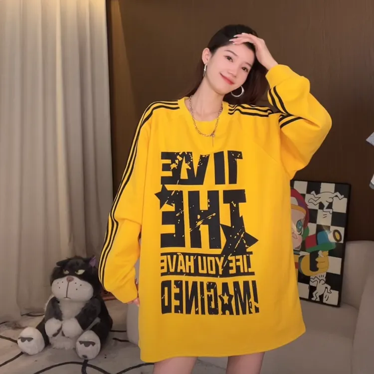 2025秋冬新款擦肩高个子女生遮屁股休闲慵宽松印花长袖卫衣70008