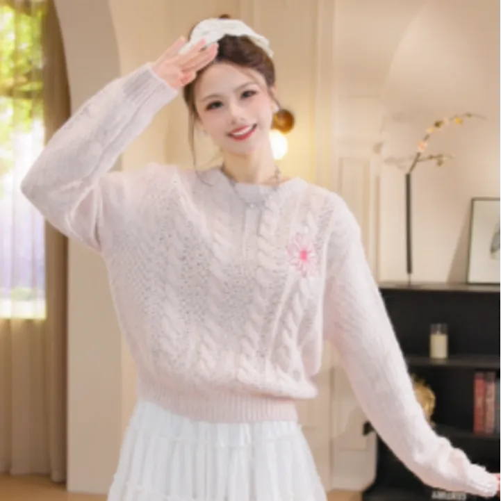 MARDI KNOW系列休闲毛针织秋冬长袖针织红色雏菊领针织慵懒风百搭