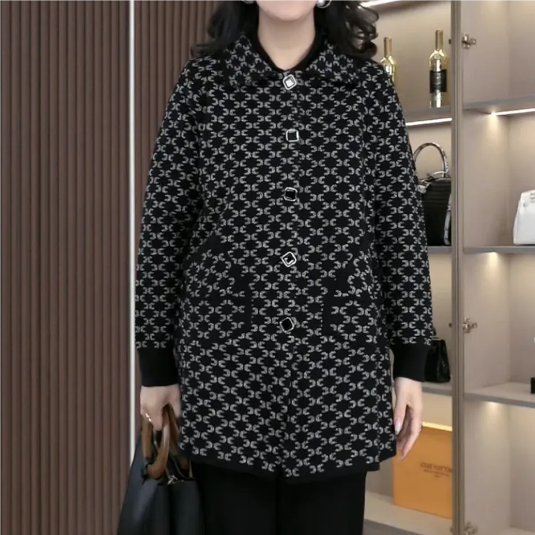 大码女装翻领针织韩版宽松大衣百搭显瘦气质纽扣外套QD353