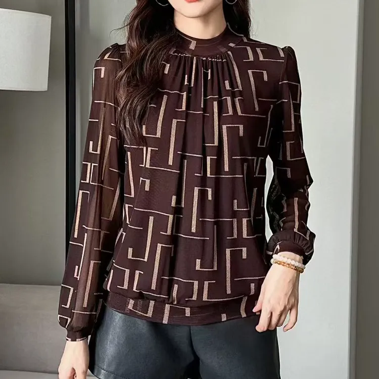 沐子润洋气网纱打底女2025时尚妈妈秋装长袖T内搭上衣【咖色·新花】
