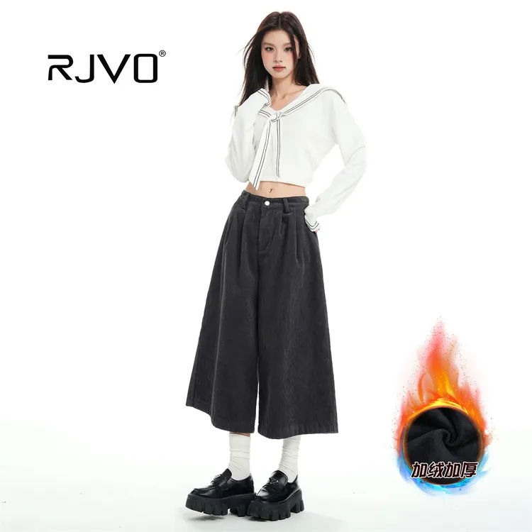 RJVO新款灯芯绒加绒加厚八分阔腿裤女高腰保暖显瘦休闲裤