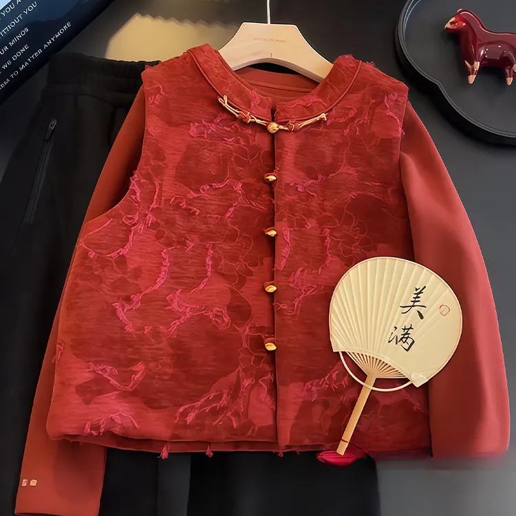 女童马甲冬装2025新款洋气儿童国风新中式冬季夹棉红色拜年服坎肩