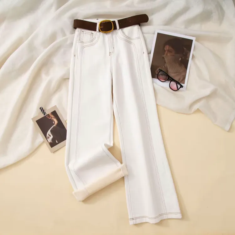 冬季加绒加厚裤白色高腰纯棉阔腿牛仔裤女弹力宽松显瘦百搭休闲裤