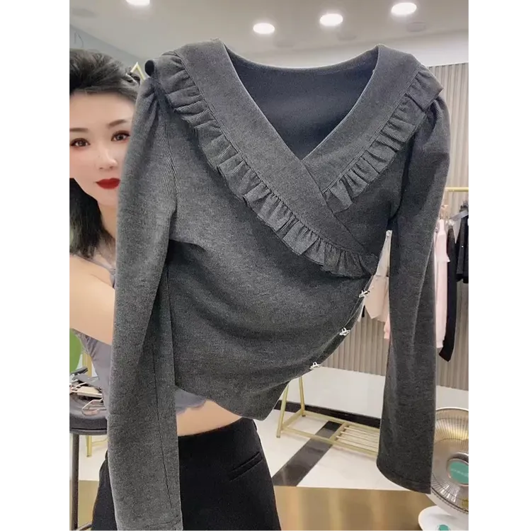 欧货2025春秋新款时尚百搭不规则V领木耳边长袖T恤女修身显瘦上衣