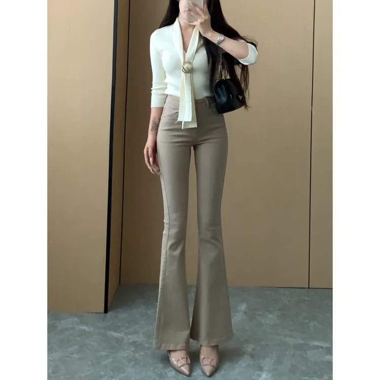 卡其色微喇牛仔裤女2025秋季新款高腰弹力修身显瘦显腿长喇叭裤