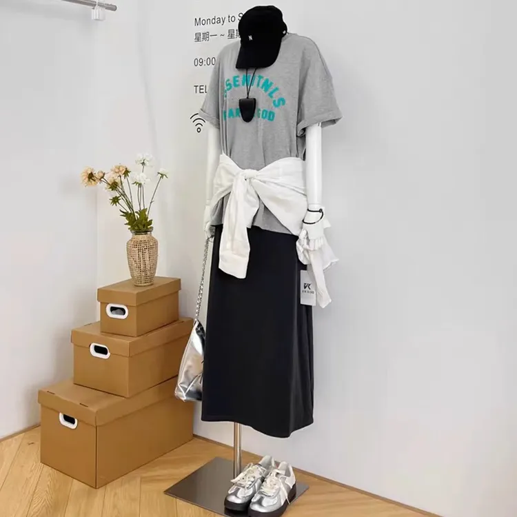 2025韩系大码套装 ootd穿搭减龄宽松短袖T恤高腰半身裙一阔腿裤女