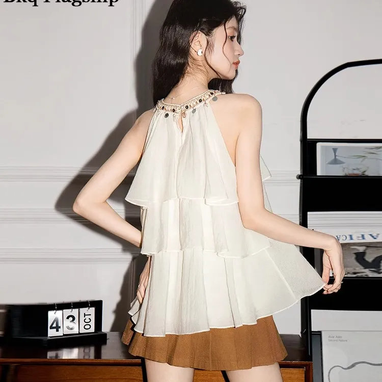 2025夏季新款法式设计感挂脖无袖吊带背心女度假风荷叶边裙摆上衣