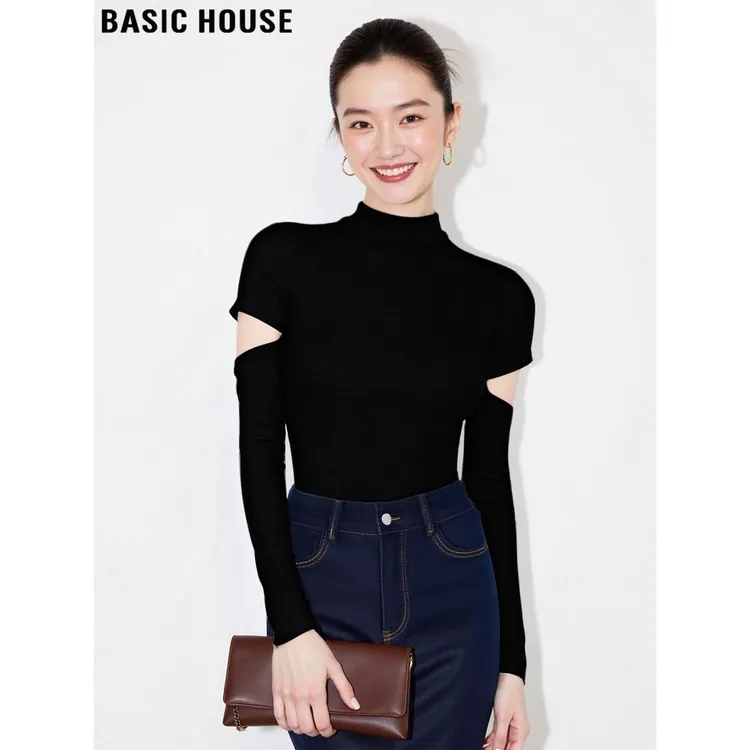 Basic House/百家好法式黑色半高领镂空长袖T恤女2025秋冬打底衫