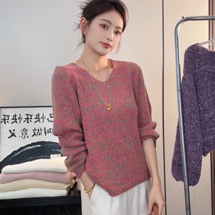 【极简主义】羊毛慵懒风V领长袖女2025春季宽松显瘦休闲百搭毛衣.