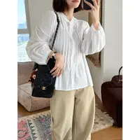 【唐悠悠mgdm】重工蕾丝拼接纯棉宽松衬衫女显瘦圆领百搭打底衬衣