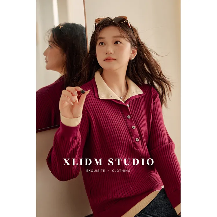 小俪大码女装假两件半开领针织衫冬季内搭撞色正肩上衣DD4T071214