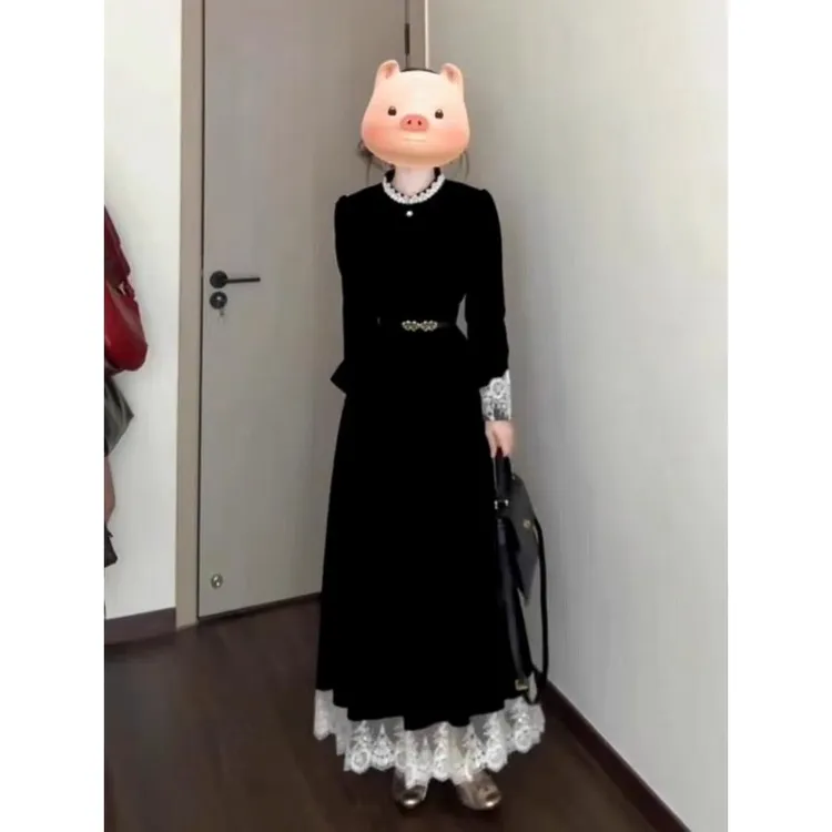 大码时尚拼接蕾丝上衣显瘦法式半身裙套装女6899#
