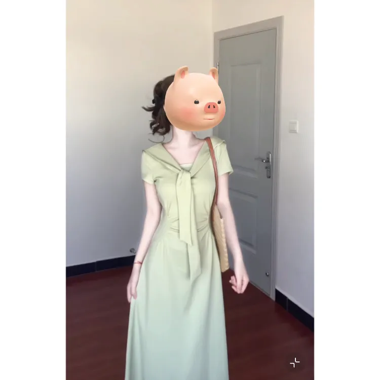 大码法式围巾领短袖连衣裙夏季新款抽褶收腰显瘦高级感温柔长裙子