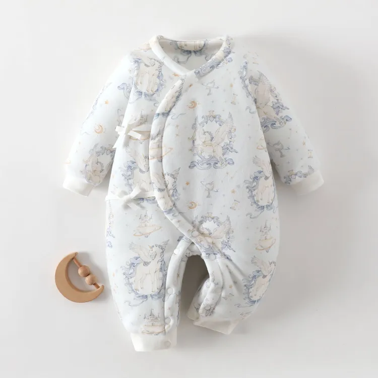 新生儿120克夹棉爬服秋冬哈衣休闲连体衣保暖冬装斜襟系带加厚