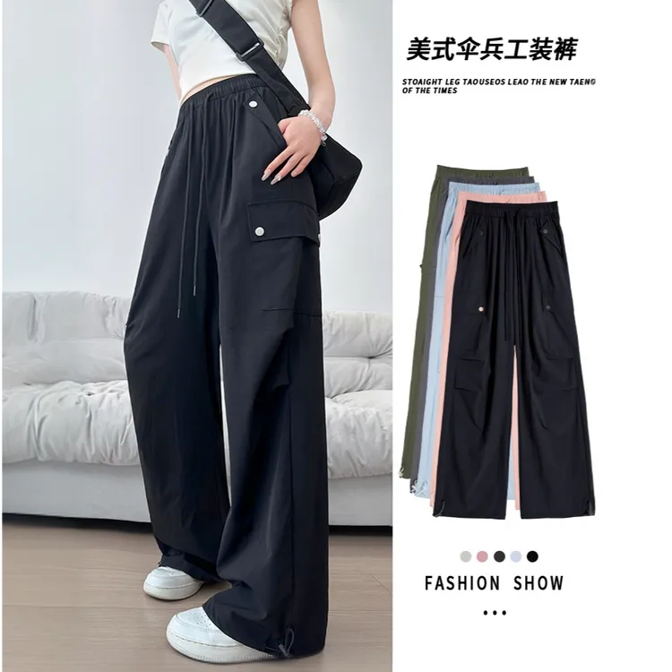 早秋新款薄款速干工装阔腿裤女冰丝凉感冲锋登山运动裤潮流休闲裤