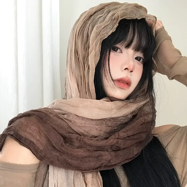 民族风围巾废土风亚麻褶皱渐变头巾沙漠丝巾凹造型辣妹围脖披肩潮
