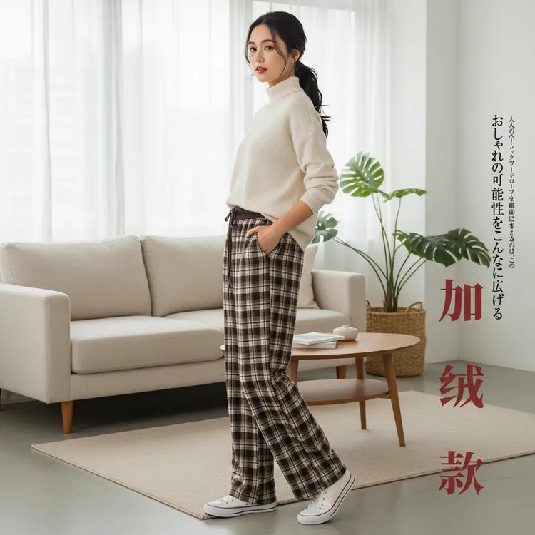 格子直筒裤舒适高腰休闲裤阔腿裤秋冬针织格纹加绒女裤网红裤子
