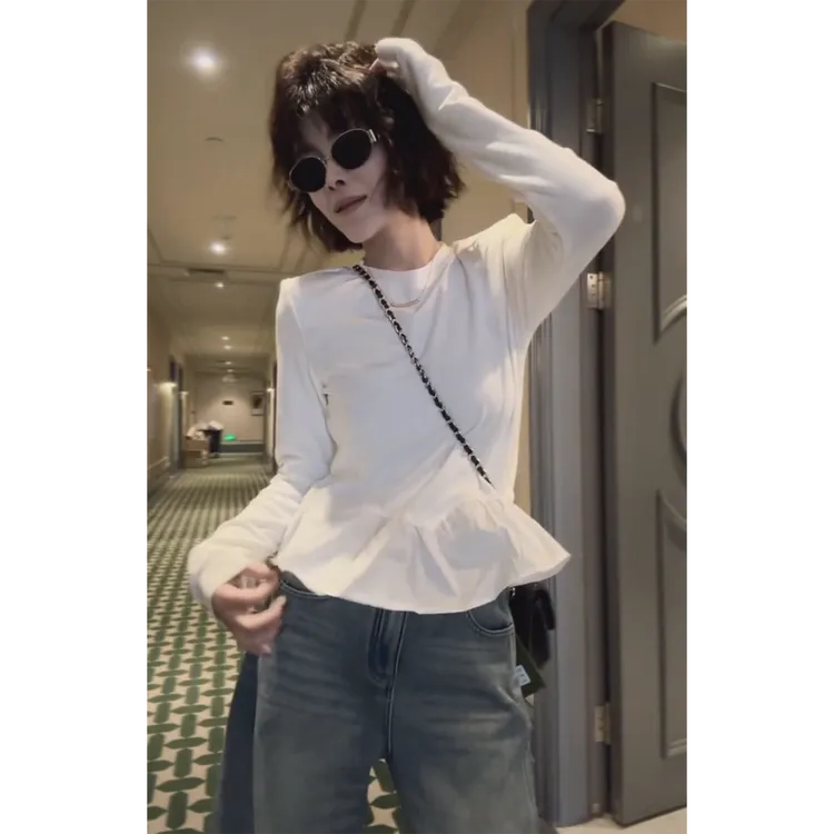 纯色荷叶边拼接长袖T恤女欧货2025秋冬新款洋气炸街超好看上衣ins