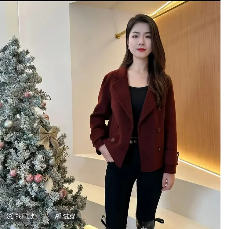 厚款长袖小香风短款秋冬毛呢外套针织休闲开衫温婉风
