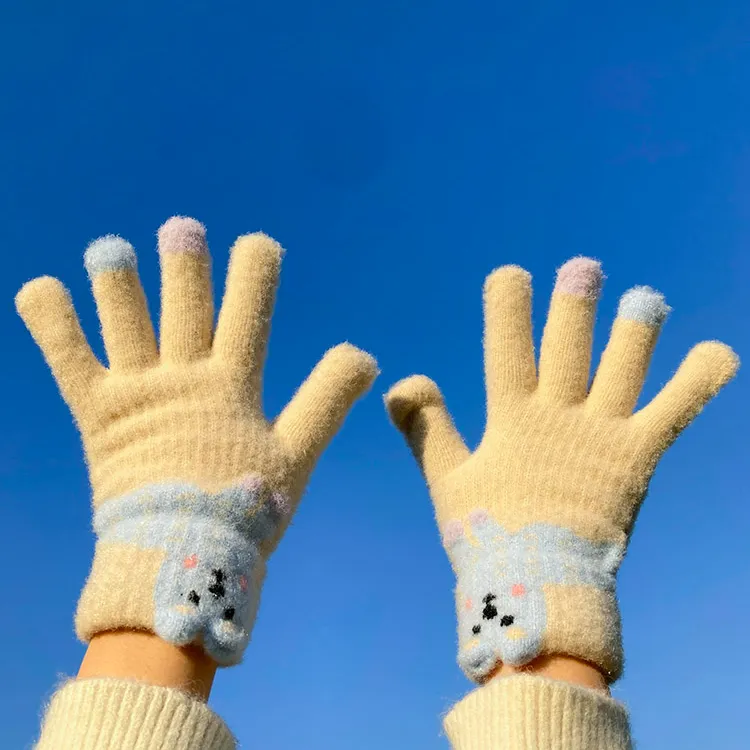 韩系ins毛线针织手套女 露指可触屏骑行加厚防寒保暖手套冬季