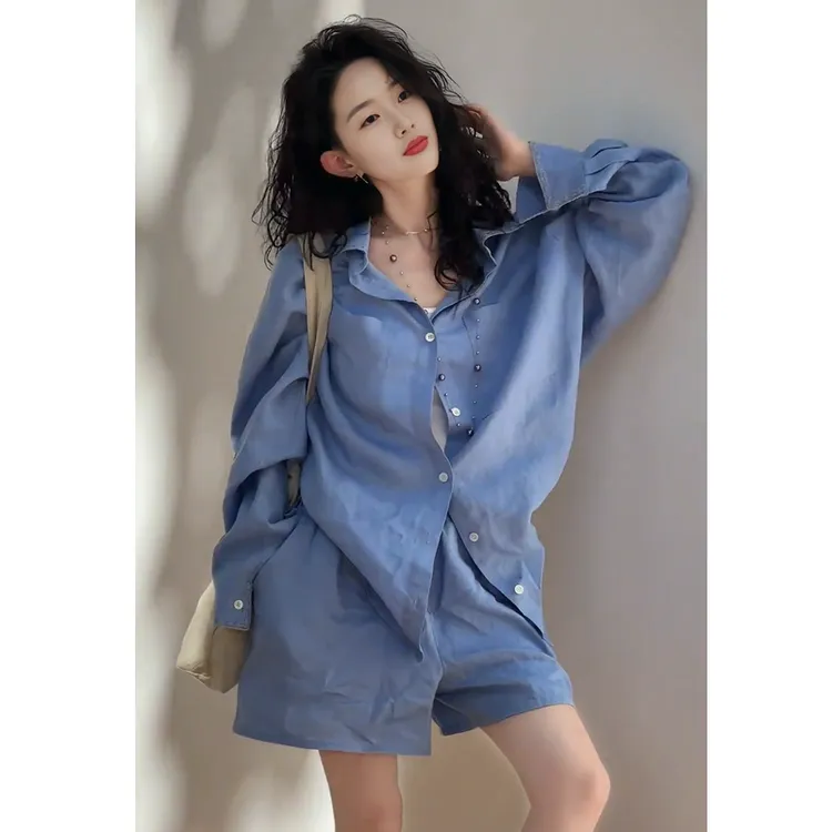 蓝色衬衫套装女夏季小个子宽松巨显瘦薄款长袖防晒衬衣短裤两件套