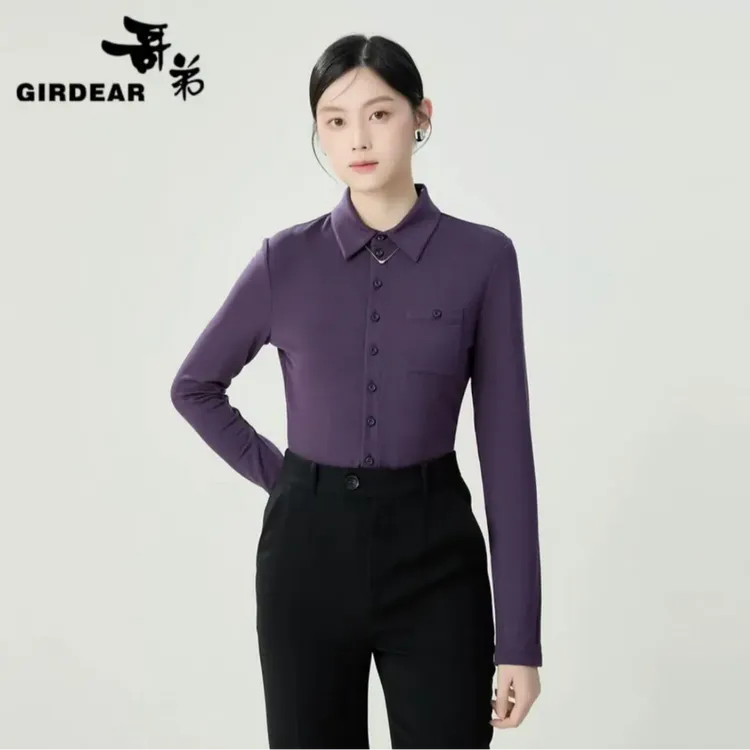 哥弟百搭通勤简约轻职场休闲亲肤单排扣翻职场女式翻领中袖衬衫