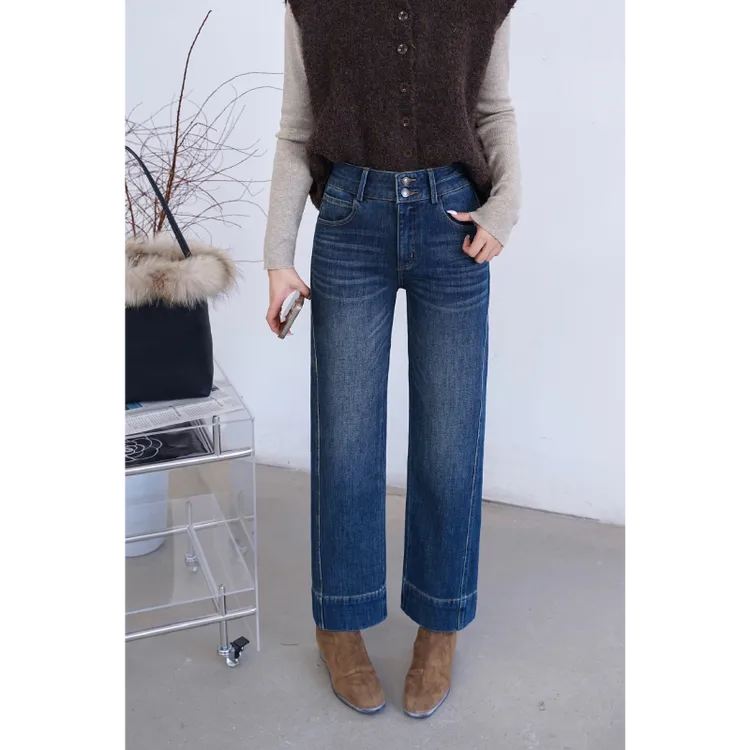 阔腿裤蓝色宽松休闲裤子高腰显瘦直筒牛仔裤复古加绒长裤#13371