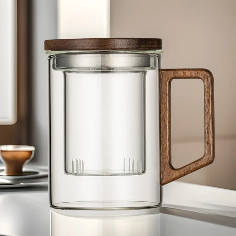 胡桃木把手茶水分离杯木盖子泡茶杯新中式绿茶杯办公三件杯喝水杯