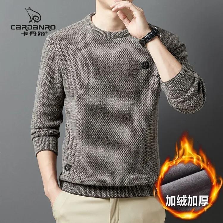 Cardanro卡丹路秋冬季新款加绒加厚男士毛衣圆领针织衫保暖打底