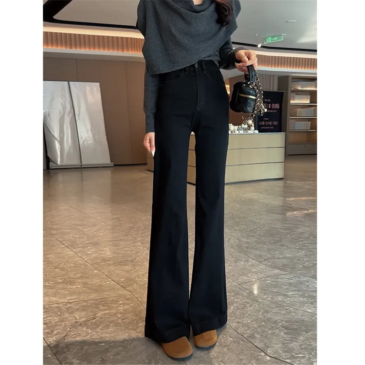 黑色加绒微喇叭牛仔裤女秋冬2025新款高腰弹力小个子拖地马蹄裤子
