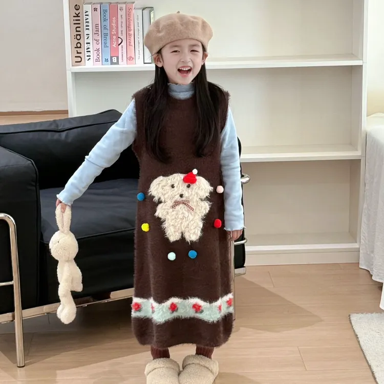 女童针织背心裙秋冬新款儿童可爱小狗毛衣裙宝宝毛绒卡通裙套装
