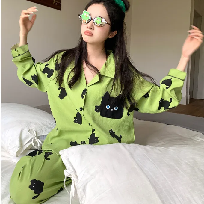 【长袖绿色喵喵】春秋款长袖休闲卡通时尚睡衣韩版家居服套装