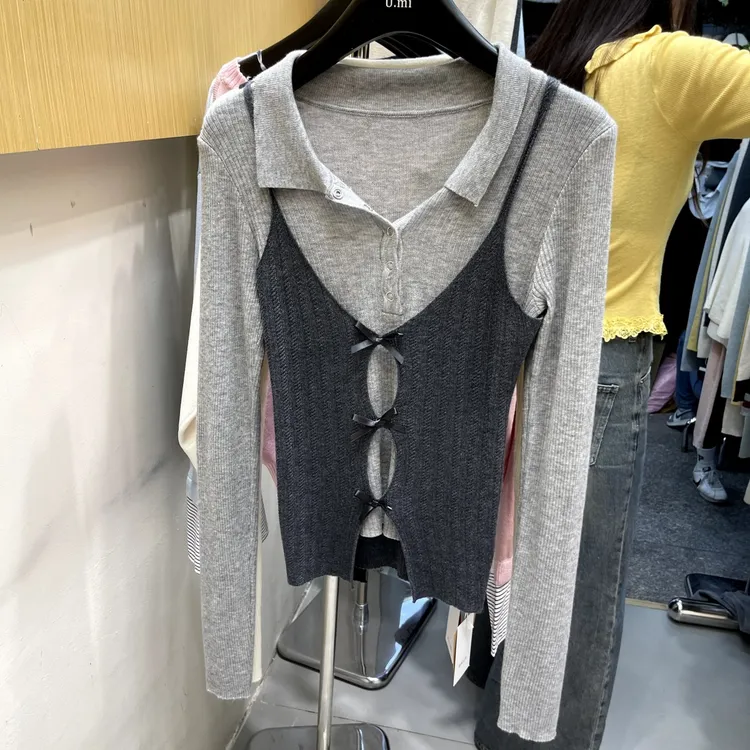 【现货】2025春季新款假两件polo领长袖针织衫女设计感修身显瘦上衣