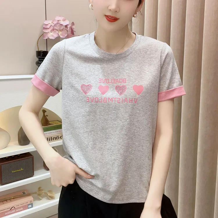 鑫坷春装圆领显瘦气质时尚洋气百搭短袖打底小衫上衣女867