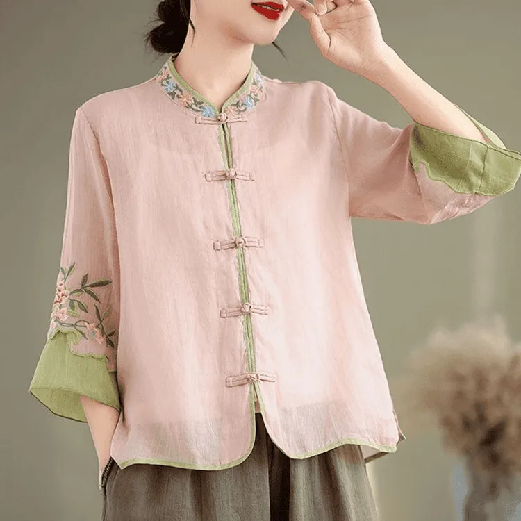 棉麻新款夏季复古民族重工刺绣衬衫女复古盘扣拼色七分袖上衣宽松